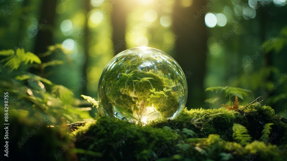 Globe on soft moss within a dense forest, sunlight streaming through the foliage Globe on soft moss within a dense forest, sunlight streaming through the foliage