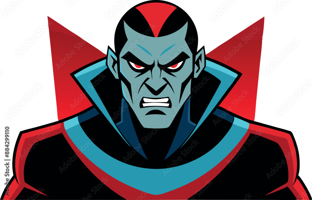 Illustration of a menacing cartoon villain with an angry expression, dressed in a red and black costume with blue accents. Illustration of a menacing cartoon villain with an angry expression, dressed in a red and black costume with blue accents.