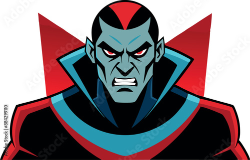 Illustration of a menacing cartoon villain with an angry expression, dressed in a red and black costume with blue accents.
