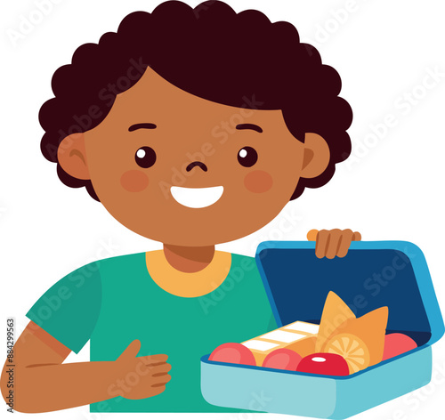 Smiling child proudly showing a lunchbox packed with nutritious snacks and food, promoting healthy eating habits for kids.