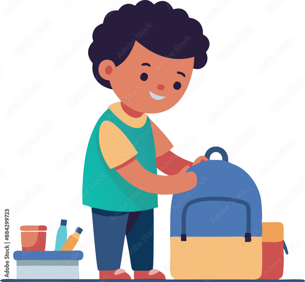Illustration of a happy child packing a school backpack with supplies, getting ready for a new school day. Smiling and prepared. Illustration of a happy child packing a school backpack with supplies, getting ready for a new school day. Smiling and prepared.