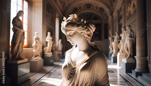 KnowledgeForAll,Generative AI.Sculpture of a Greek woman in a museum