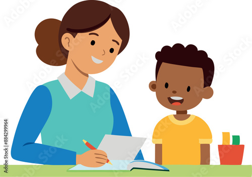 Illustration of a teacher assisting a student with their homework. Represents education, learning, academic support, teaching, and classroom environment.