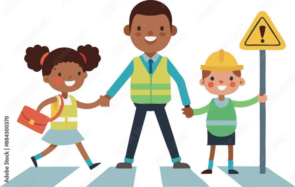 Illustration of a school crossing guard guiding children safely across a crosswalk, promoting safety education. Illustration of a school crossing guard guiding children safely across a crosswalk, promoting safety education.