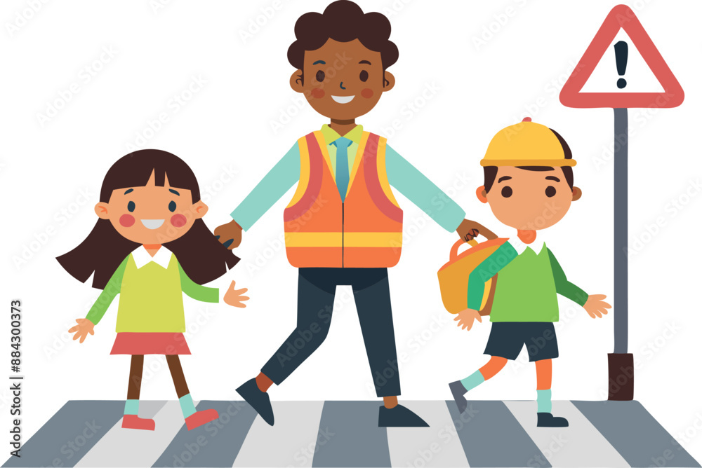 Illustration of a school crossing guard assisting two children cross the street at a pedestrian crossing. Emphasizes safety, community, and care. Illustration of a school crossing guard assisting two children cross the street at a pedestrian crossing. Emphasizes safety, community, and care.