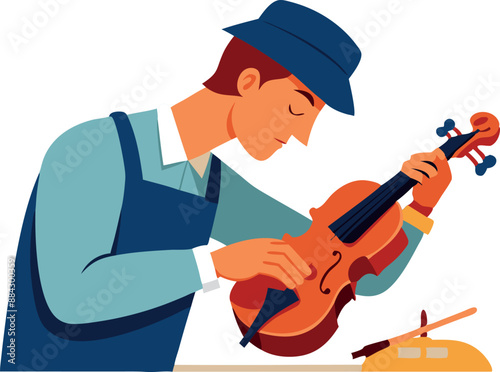 Detailed illustration of a craftsman wearing a hat and apron, meticulously repairing a violin with tools on a table.