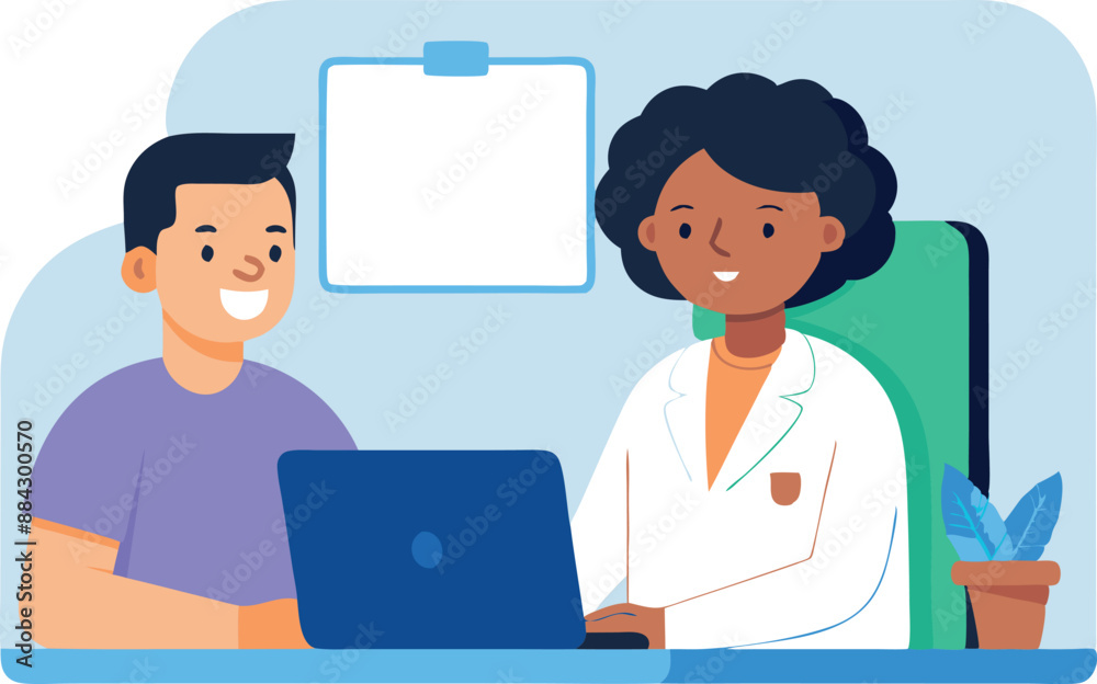 Friendly medical consultation with a doctor and patient at a clinic. They are smiling, discussing something on a laptop. Friendly medical consultation with a doctor and patient at a clinic. They are smiling, discussing something on a laptop.