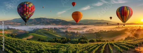 Colorful hot air balloons floating over vineyards in Napa Valley, California at sunrise. A panoramic view