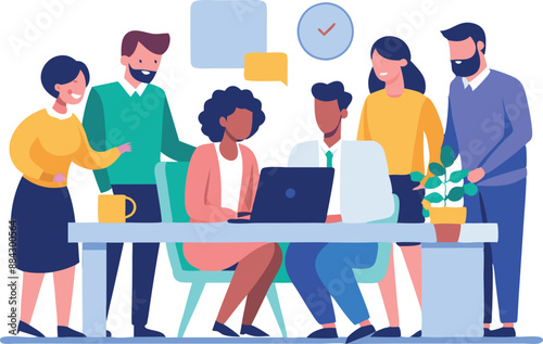 A diverse team collaborates around a laptop in a modern office setting. Team members share ideas and engage in productive discussion.