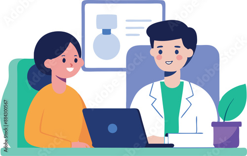 Illustration of a female patient consulting with a male doctor in a clinic, discussing treatment while using a laptop.
