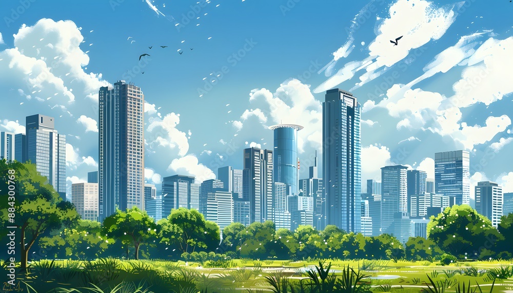 Fototapeta premium Cityscape with Green Park and Birds