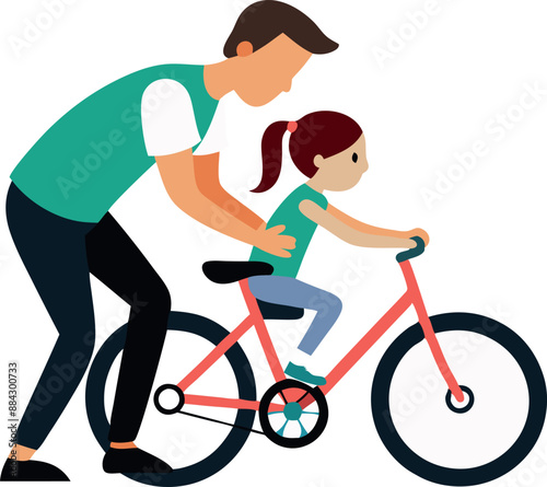 Illustration of a father helping his daughter learn to ride a bicycle, showcasing support and parenting.