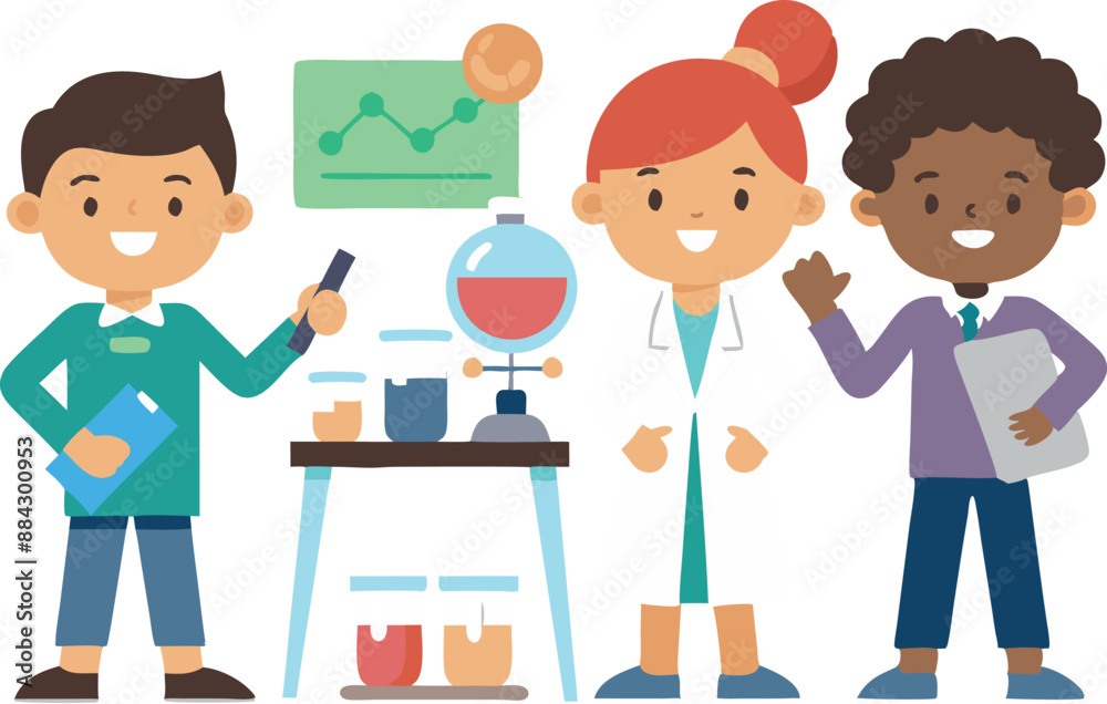 Illustration of diverse students in a lab environment conducting a science experiment with lab equipment. Illustration of diverse students in a lab environment conducting a science experiment with lab equipment.