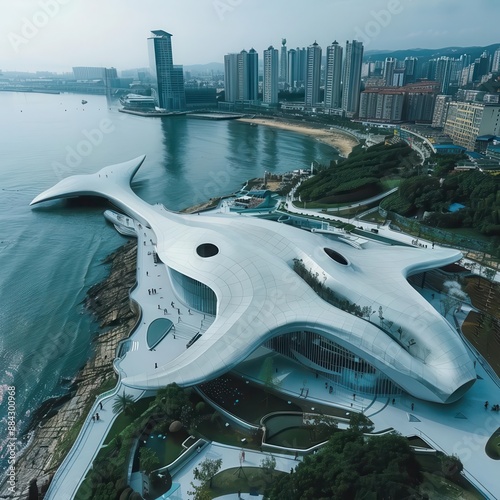 Whale-shaped museum, coastal city, midday, bird's-eye view, sleek architecture, vibrant surroundings, wide-angle lens, high-definition photo