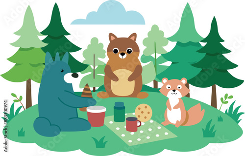 Illustration of adorable woodland animals enjoying a picnic in a forest setting with trees, nature, and a serene atmosphere.