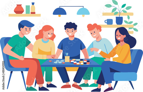 Group of friends gathered around a table, enjoying a fun and engaging board game night in a cozy living room setting.