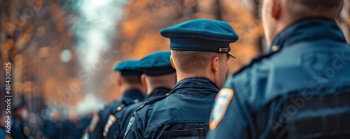 Rear view of police officers in uniform during a city parade, showcasing a line of law enforcement personnel in action.