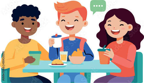 Illustration of happy friends enjoying time together at a cafe, laughing and sharing food and drinks.