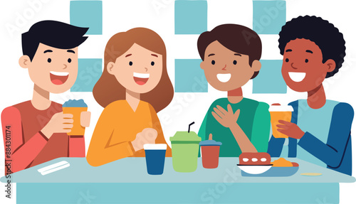 A cheerful group of friends seated at a cafe table, enjoying drinks and snacks, sharing laughs and good times.