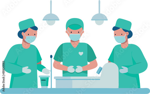 Vector illustration of three surgeons in green scrubs and masks performing a medical operation in a sterile operating room