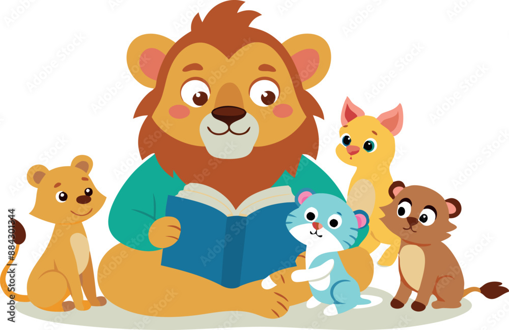 Cartoon of a lion reading a storybook to baby animals including a kitten, cub, puppy, and baby ferret. Cartoon of a lion reading a storybook to baby animals including a kitten, cub, puppy, and baby ferret.