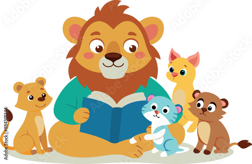 Cartoon of a lion reading a storybook to baby animals including a kitten, cub, puppy, and baby ferret.