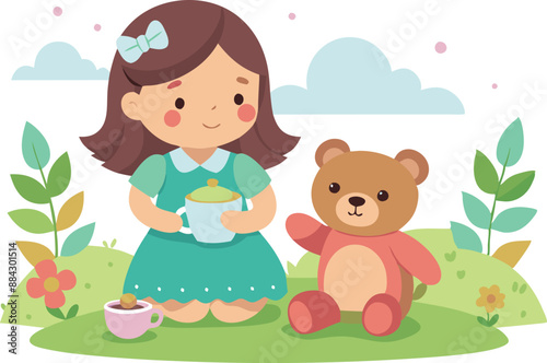 Adorable illustration of a little girl enjoying a tea party with her teddy bear in a garden setting with flowers and clouds.