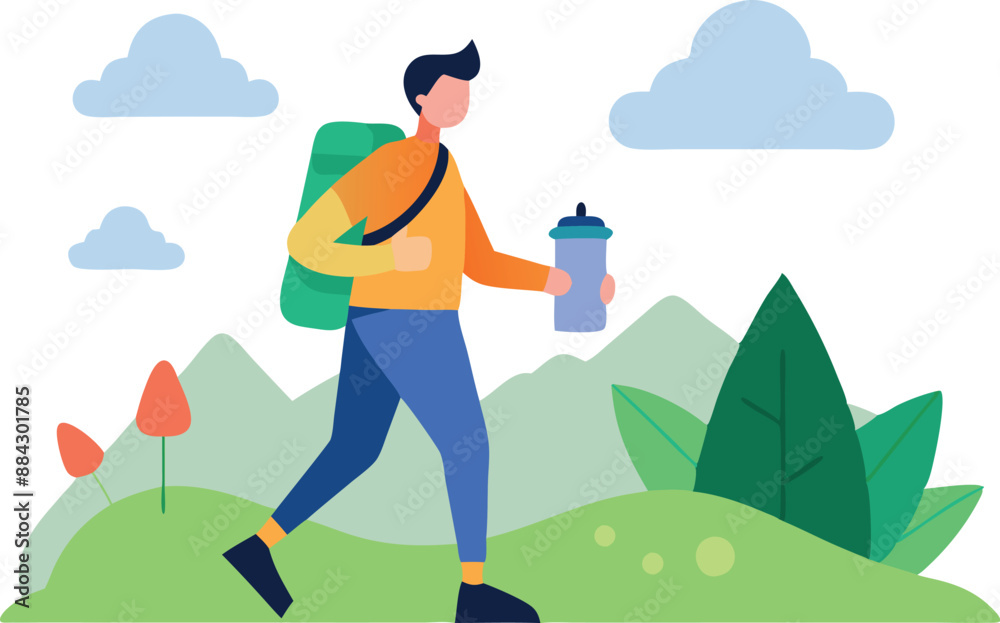 A vector illustration depicting a man hiking through a scenic landscape, carrying a backpack and water bottle, symbolizing outdoor activities and exploration.