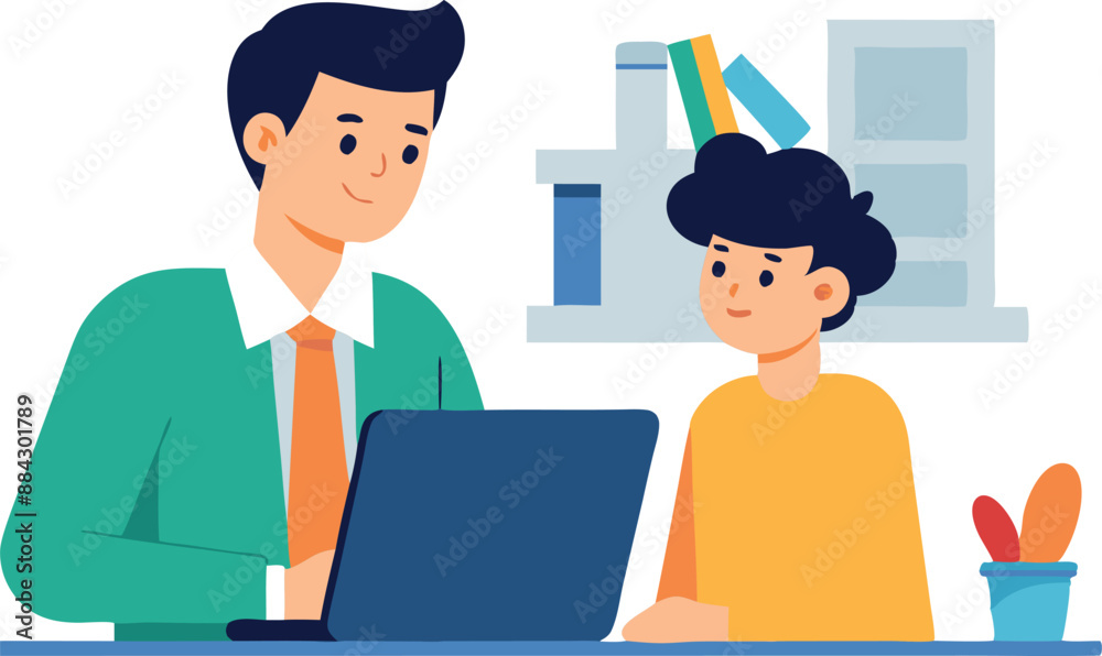 Father and son spending quality time together while using a laptop for online learning and bonding at home. Educational and family concept. Father and son spending quality time together while using a laptop for online learning and bonding at home. Educational and family concept.