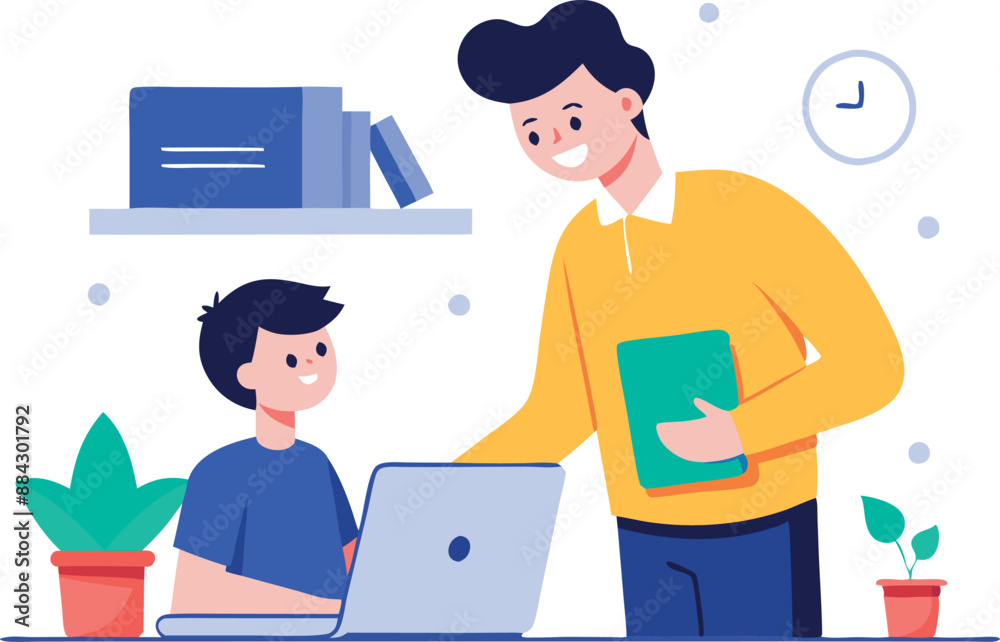 Illustration of a smiling father and son engaging in learning and working together at home with a laptop Illustration of a smiling father and son engaging in learning and working together at home with a laptop