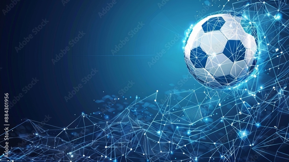 Fototapeta premium A digital representation of a soccer ball with glowing blue network nodes and connections, symbolizing sports technology and the digital age.