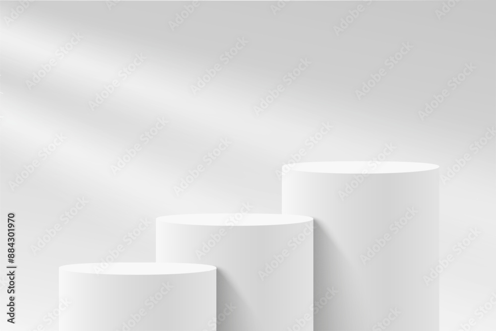 Empty white circle podium and window light blur on white wall, pedestal and platform, stand stage, column platform pillar, round empty stages and podium stairs 3d template for product presentation Empty white circle podium and window light blur on white wall, pedestal and platform, stand stage, column platform pillar, round empty stages and podium stairs 3d template for product presentation