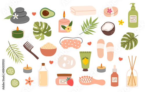 Spa sticker set. Vector doodle set of home spa