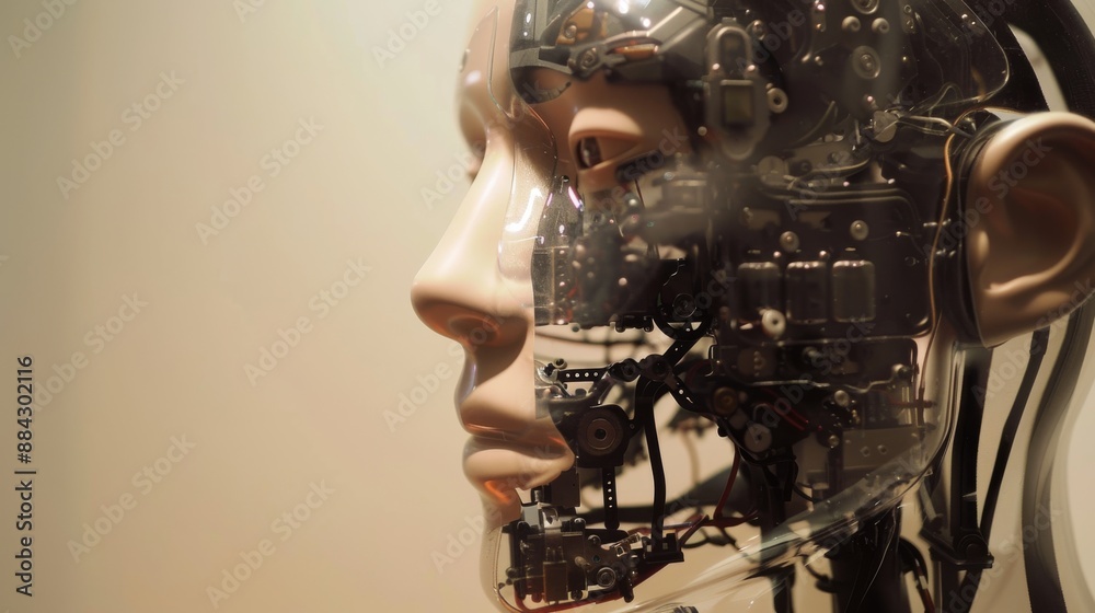 Humanoid head with transparent surface revealing AI systems Humanoid head with transparent surface revealing AI systems