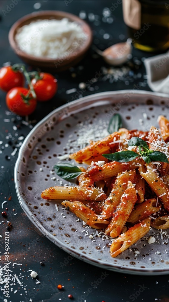 Delicious penne pasta with tomato sauce, grated cheese, and fresh basil leaves served on a rustic plate. Delicious penne pasta with tomato sauce, grated cheese, and fresh basil leaves served on a rustic plate.