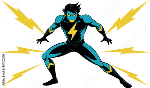 Vector illustration of a dynamic superhero character with electric powers, striking an action pose with yellow lightning bolts on a white background.