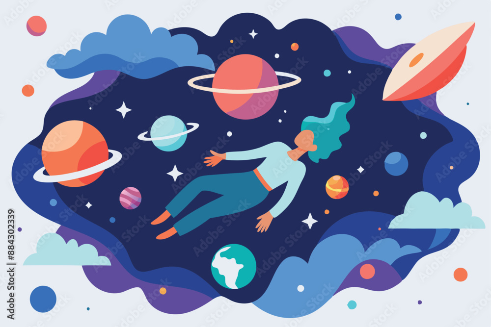 Obraz premium Surreal illustration showing a woman floating in space, surrounded by planets, stars, and galaxies. Perfect for concepts of imagination, dreams, and exploration.