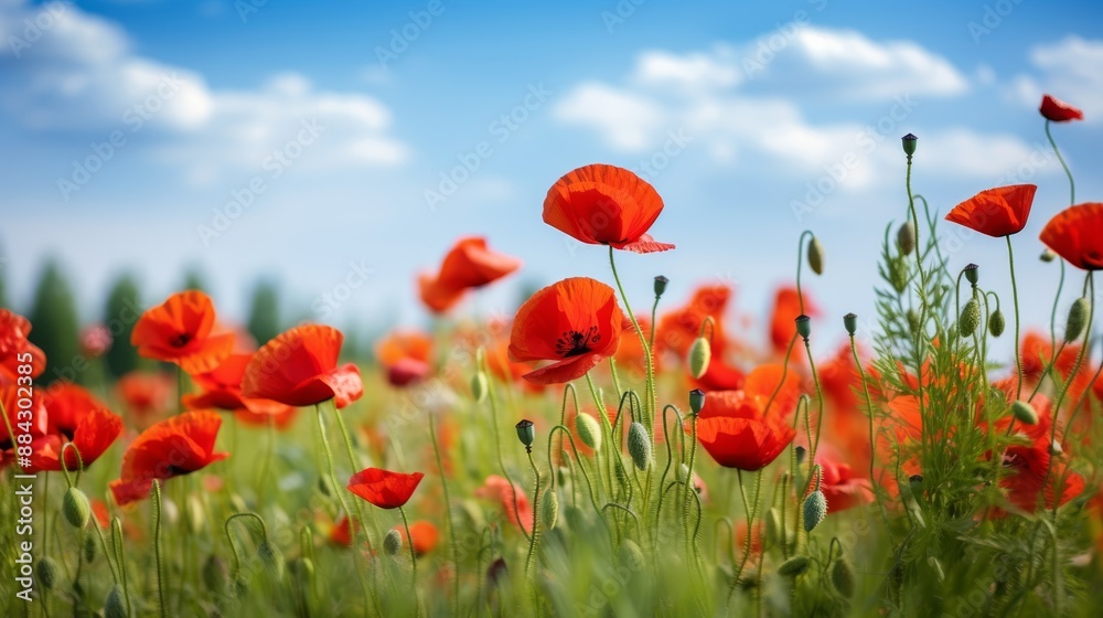 Fototapeta premium Idyllic summer field with blooming poppies and green grass, serene atmosphere, bright day