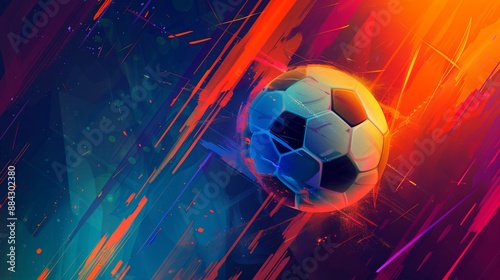 A vibrant depiction of a soccer ball set against an abstract digital background with bold lines and colors, highlighting motion and energy in a modern and dynamic artistic style.