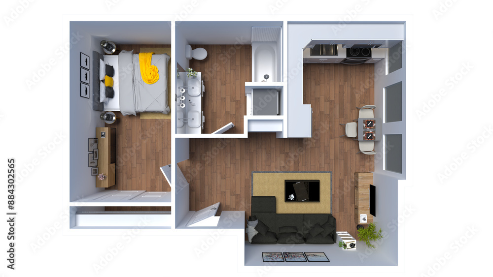 3d floor plan rendering for one bedroom ,kitchen, living , and Bathroom. 3d floor plan rendering for one bedroom ,kitchen, living , and Bathroom.