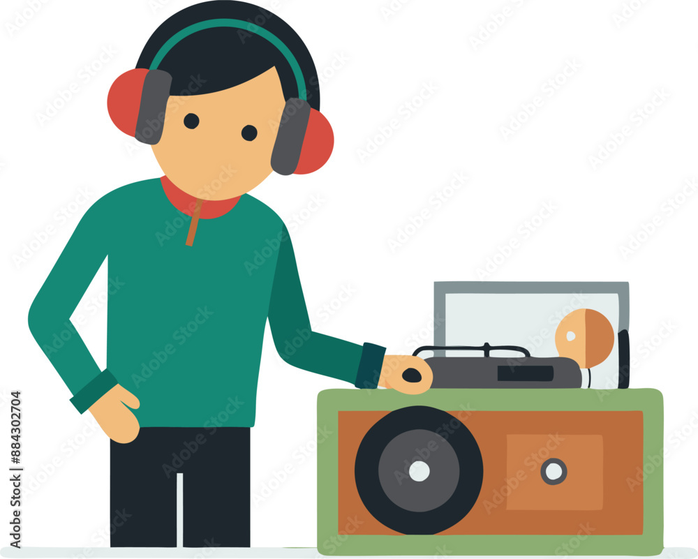 Obraz premium Colorful vector illustration of person enjoying vinyl music with headphones on. Ideal for music, relaxation, and leisure concepts.