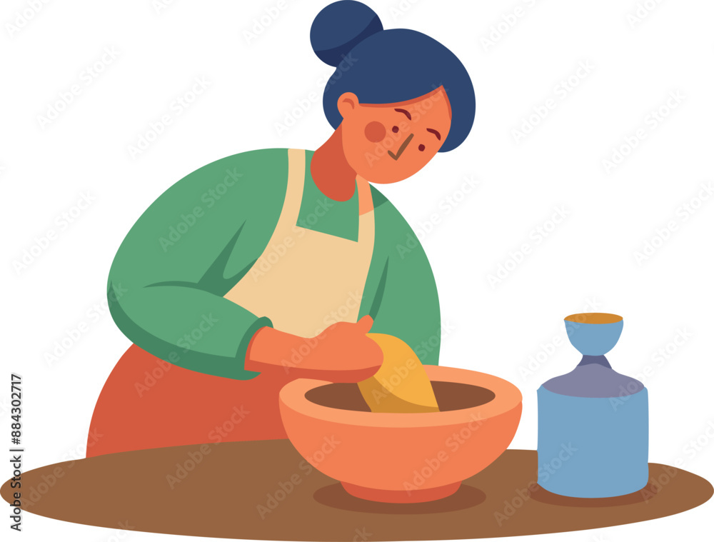 A colorful illustration of a woman baking at home, mixing ingredients in a bowl with a peaceful expression. A colorful illustration of a woman baking at home, mixing ingredients in a bowl with a peaceful expression.