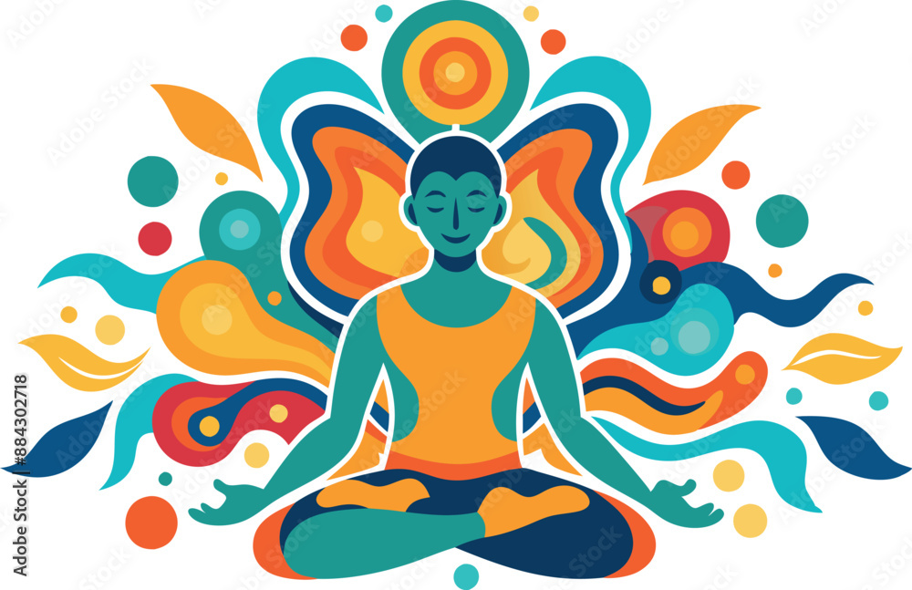 Colorful abstract illustration of a person meditating with vibrant patterns and shapes in the background, symbolizing peace and mindfulness. Colorful abstract illustration of a person meditating with vibrant patterns and shapes in the background, symbolizing peace and mindfulness.