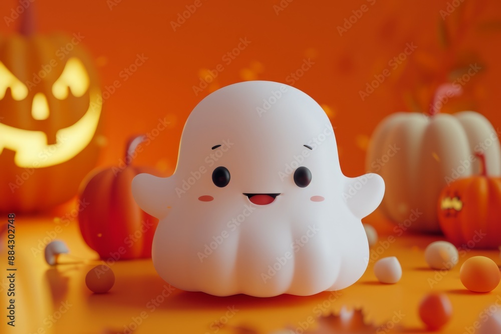 Cute Halloween theme, There are ghost, pumpkin, Cartoon, Simplicity and orange background. Cute Halloween theme, There are ghost, pumpkin, Cartoon, Simplicity and orange background.
