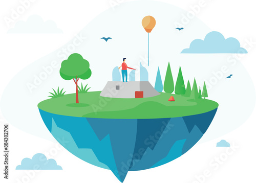 Illustration of a floating island with a man on a house, hot air balloon in the sky, surrounded by nature