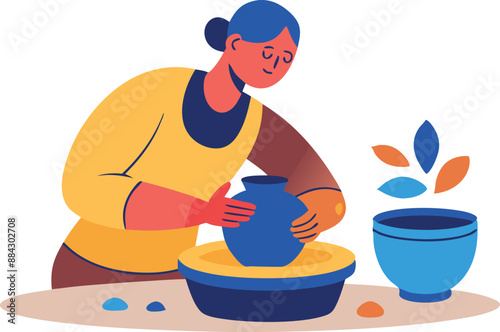Colorful illustration of a person carefully shaping pottery on a wheel, surrounded by ceramic pieces and art tools.
