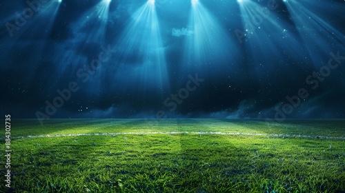 A mesmerizing view from midfield of an empty sports field under bright lights at night, highlighting the lush green grass and peaceful ambiance of the deserted arena.