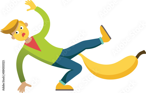 Cartoon illustration of a man slipping on a banana peel, depicting a humorous accident. Ideal for concepts like humor, mishap, and clumsiness.