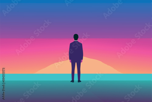 Silhouette of a businessman standing alone, gazing at a colorful sunset over the ocean. A tranquil and contemplative scene with vibrant gradient colors.