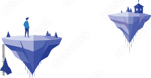 Digital illustration showing a person standing on a floating island, gazing at a distant house on another floating island against a white background.